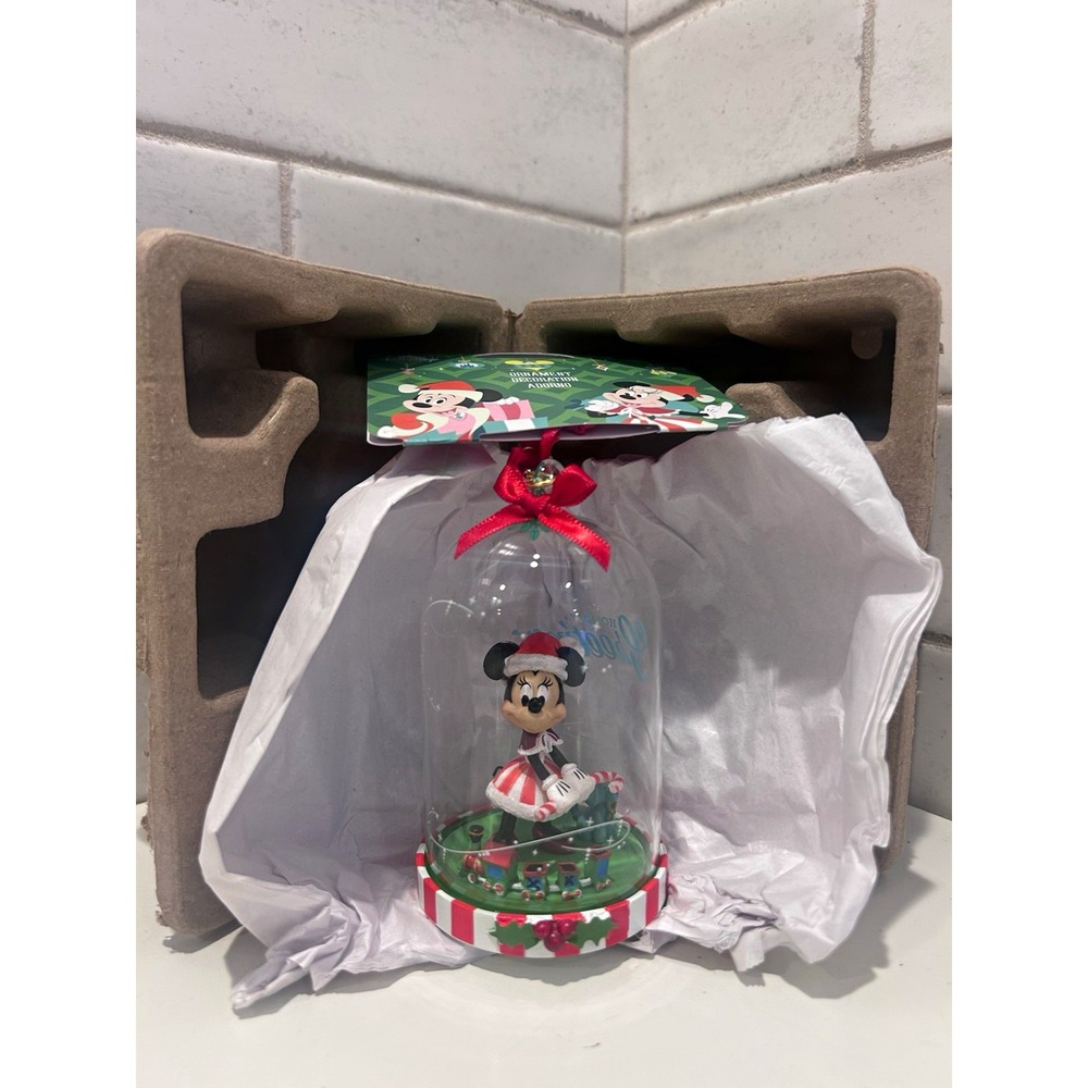 Disney Minnie Mouse Holiday Greetings Glass Dome Ornament w/ Red Bow 2024